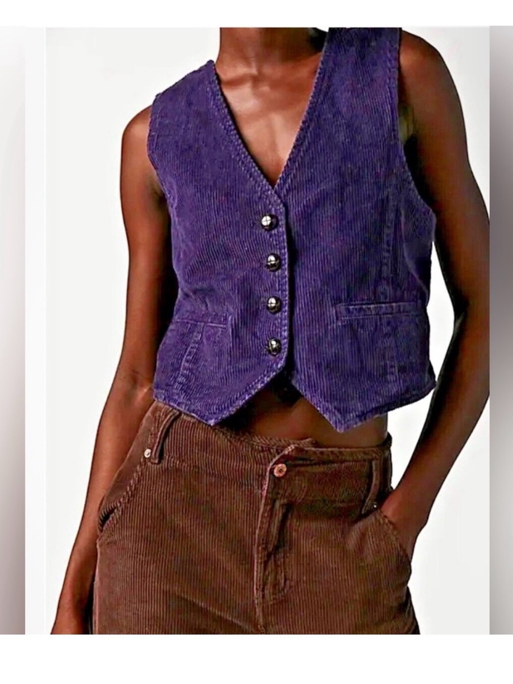 Free People Cropped Purple Corduroy Button Vest